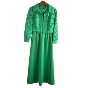 Vintage 60s Green Lace Bodice Sleeveless Sheath Dress w/ Matching Crop Jacket, M